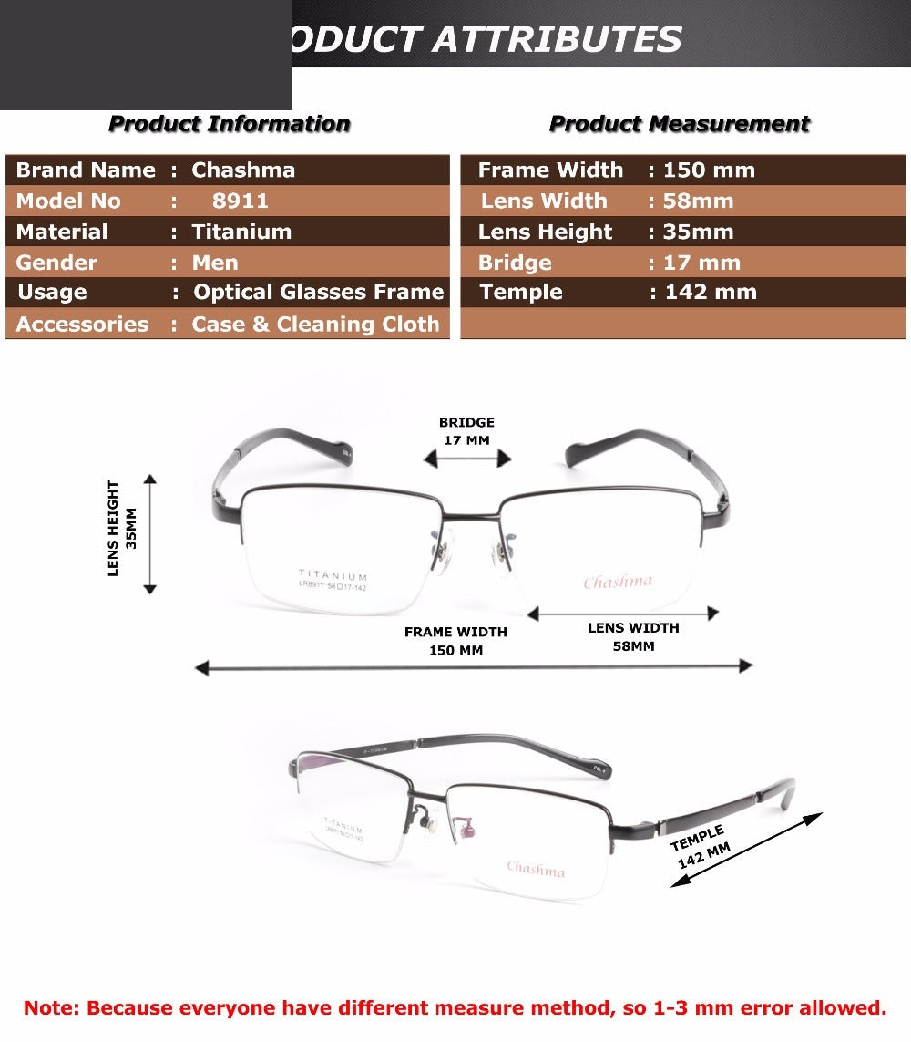 Chashma Ottica Semi Rim Oversized Square Titanium Eyeglasses 8911