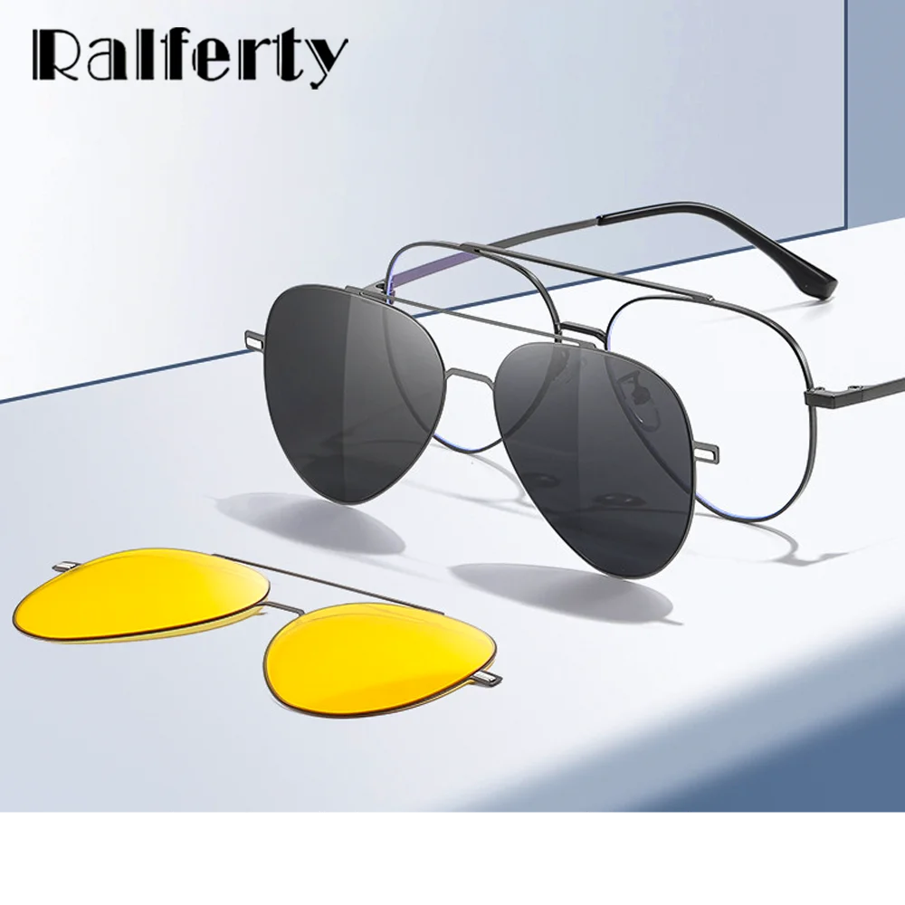 Ralferty Unisex Full Rim Oval Double Bridge Alloy Eyeglasses Clip On Sunglasses 517603