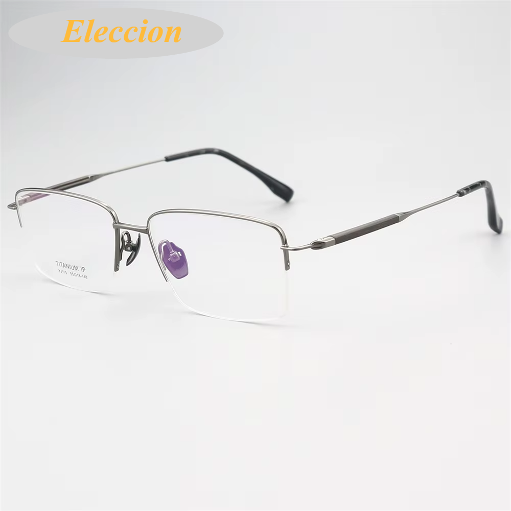 Eleccion Unisex Semi Rim Square Titanium Rosewood Temple Eyeglasses 84115