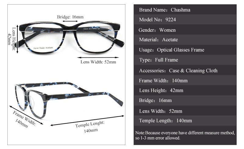 Chashma Ochki Unisex Full Rim Square Cat Eye Acetate Eyeglasses 9224.