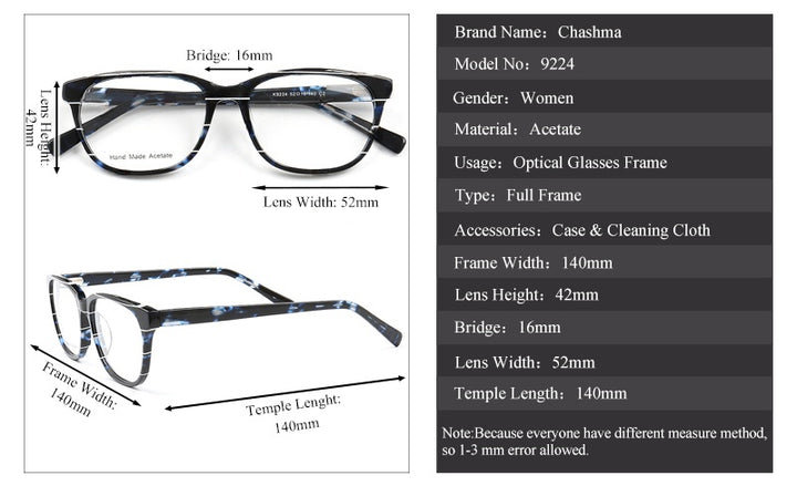 Chashma Ochki Unisex Full Rim Square Cat Eye Acetate Eyeglasses 9224.