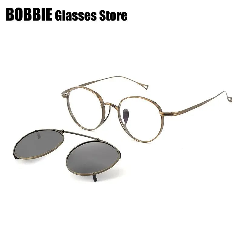 Bobbie Unisex Full Rim Round Titanium Eyeglasses Clip On Sunglasses 113000 FuzWeb
