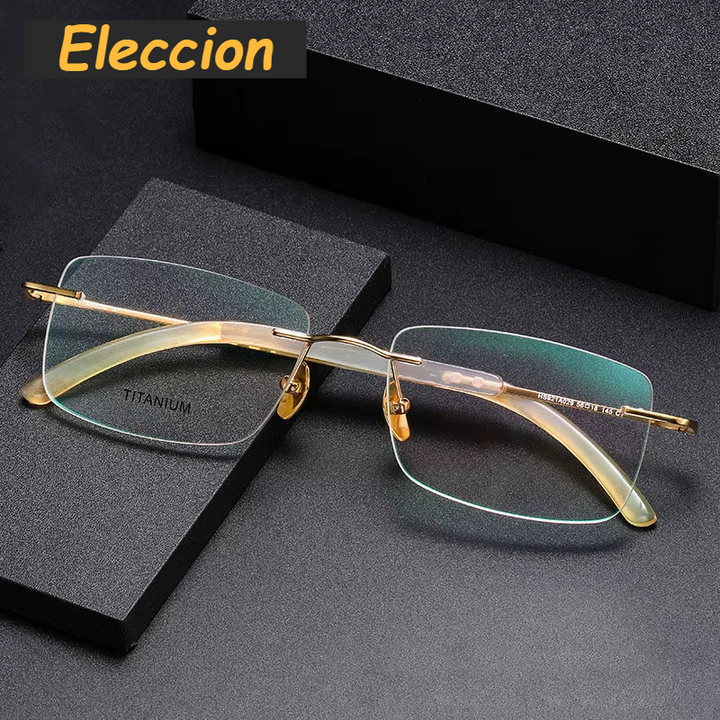 Eleccion Unisex Rimless Square Titanium Eyeglasses Horn Temples 44029