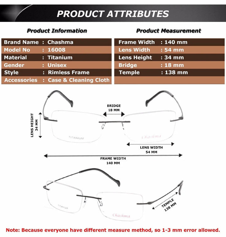 Chashma Ottica Mens Rimless Square Titanium Eyeglasses 16008 - Size Chart