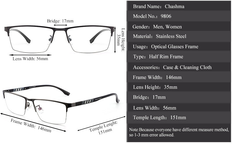 Chashma Unisex Semi Rim Stainless Steel Frame Eyeglasses.