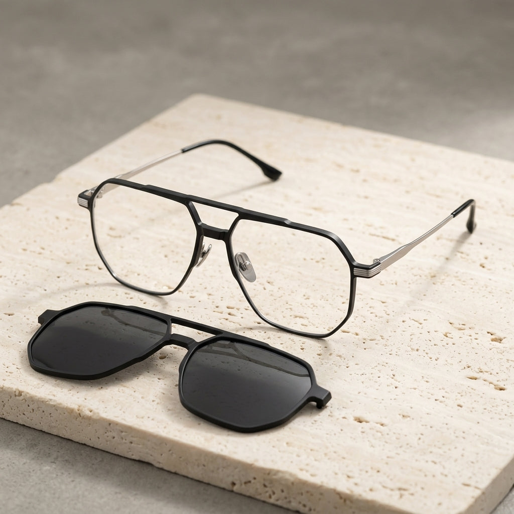 Chashma Ottica Unisex Full Rim Square Double Bridge Eyeglasses Clip On Sunglasses 99064 - Black Silver