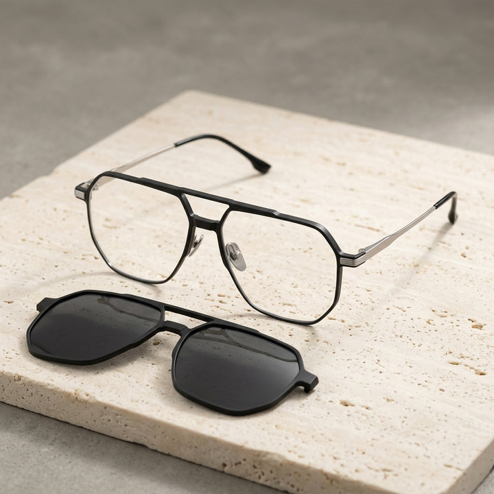 Chashma Ottica Unisex Full Rim Square Double Bridge Eyeglasses Clip On Sunglasses 99064 - Black Silver