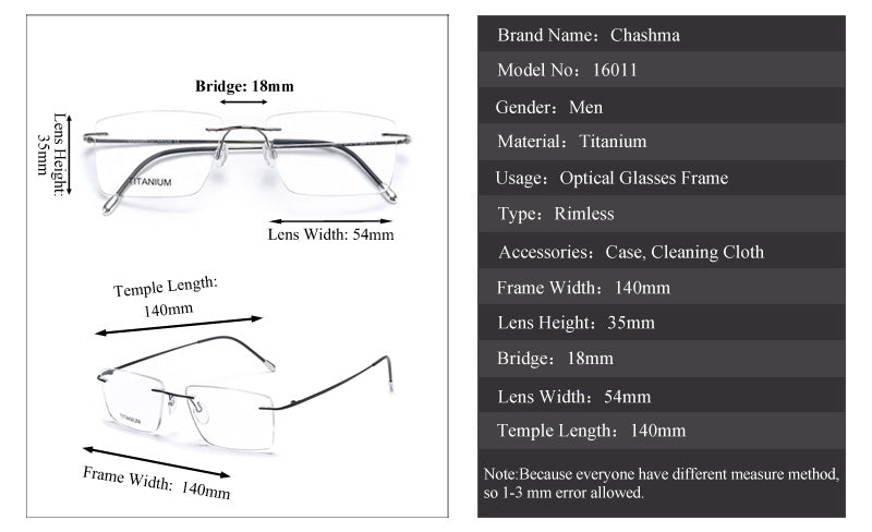 Chashma Ochki Unisex Rimless Square Titanium Eyeglasses 16011 — view 1 | Chashma Ochki at FuzWeb