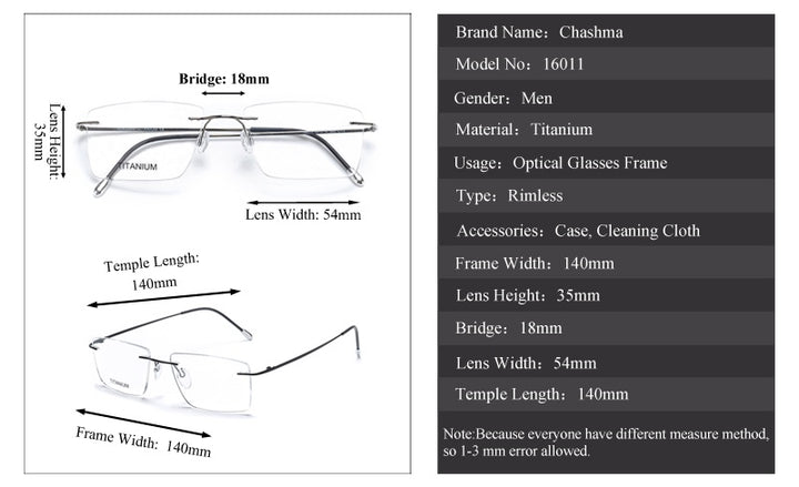 Chashma Ochki Unisex Rimless Square Titanium Eyeglasses 16011 — view 1 | Chashma Ochki at FuzWeb