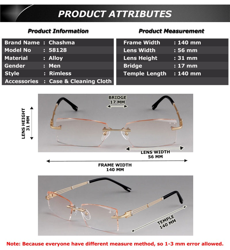 Chashma Mens Rimless Square Alloy Eyeglasses 58128 — view 1 | Chashma at FuzWeb