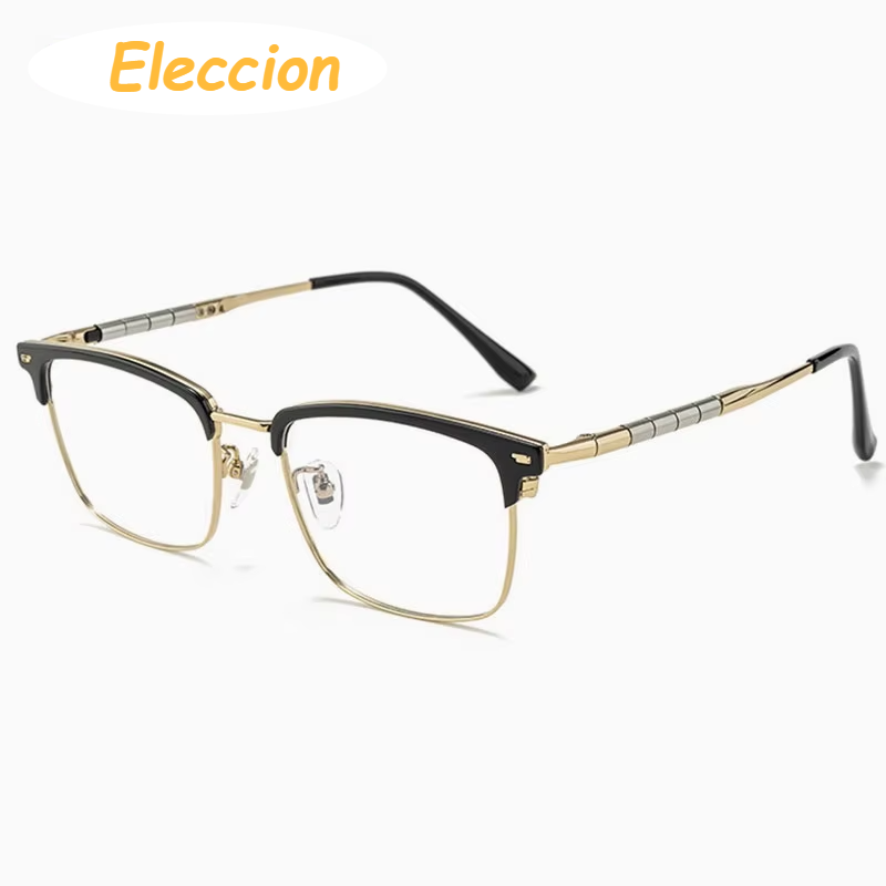 Eleccion Unisex Full Rim Square Titanium Acetate Eyeglasses 69839 Full Rim Eleccion Black - Gold