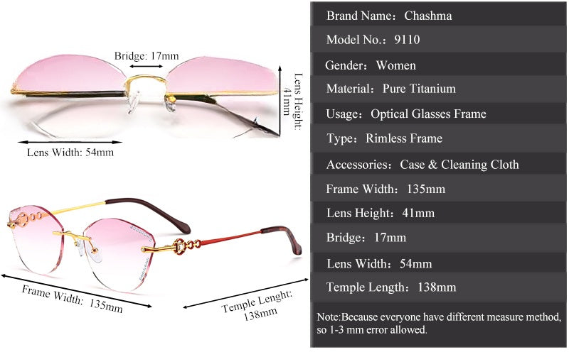 Chashma Womens Rimless Cat Eye Titanium Frame Diamond Cut Eyeglasses 9110 — view 1 | Chashma at FuzWeb