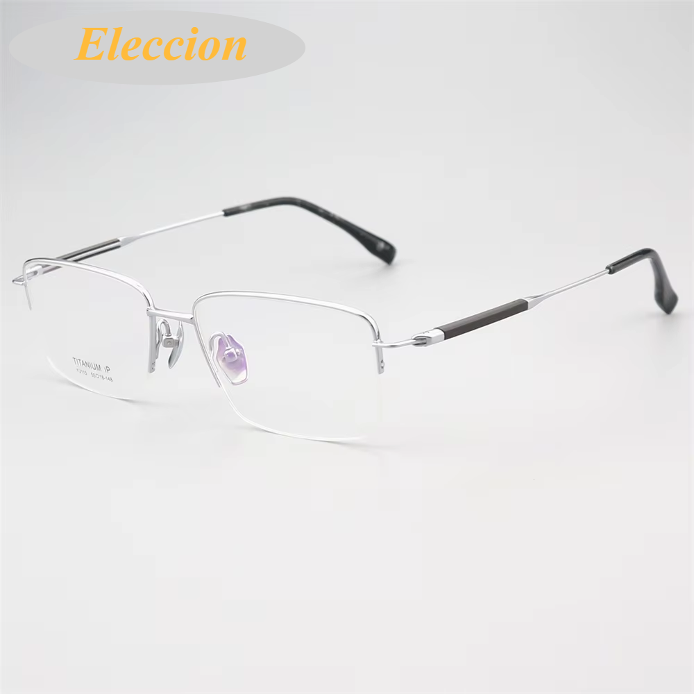 Eleccion Unisex Semi Rim Square Titanium Rosewood Temple Eyeglasses 84115 Semi Rim Eleccion Silver