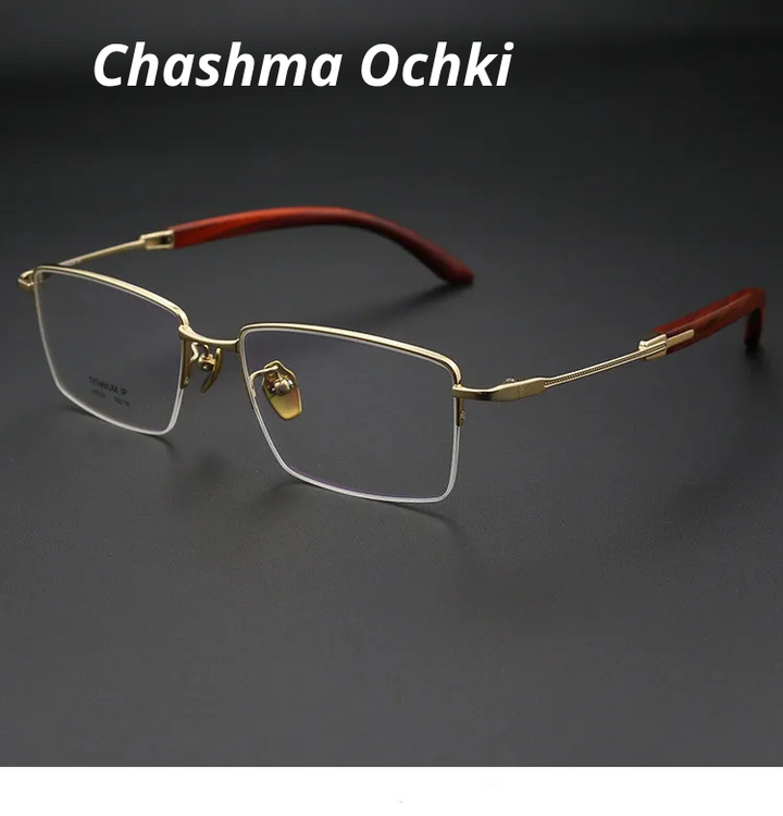 Chashma Ochki Unisex Semi Rim Square Titanium Wood Eyeglasses 312332