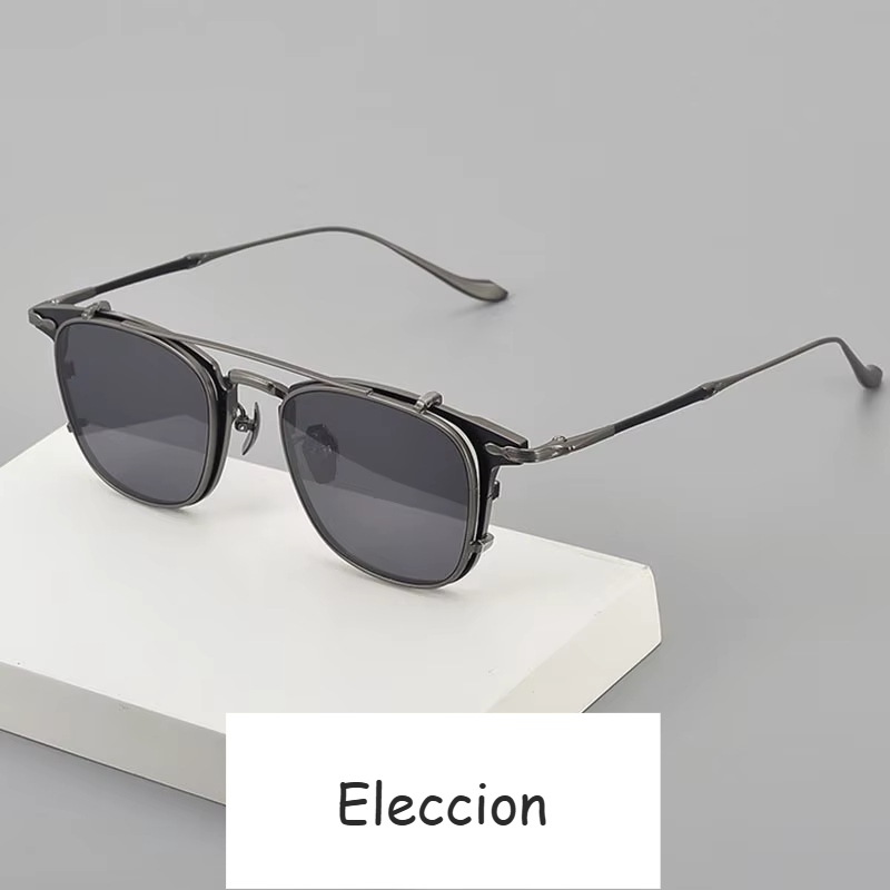 Eleccion Men's Full Rim Big Square Titanium Eyeglasses Clip On Sunglasses 93111