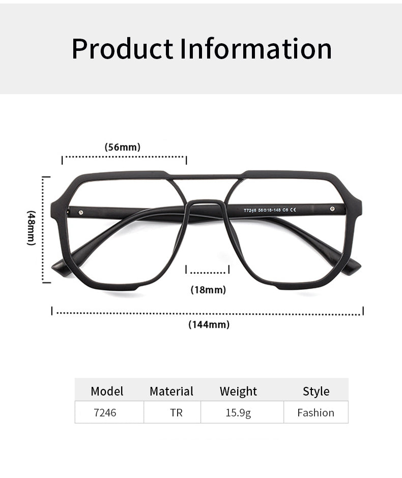 Xbora Unisex Full Rim Square Double Bridge Tr 90 Alloy Eyeglasses 7246.