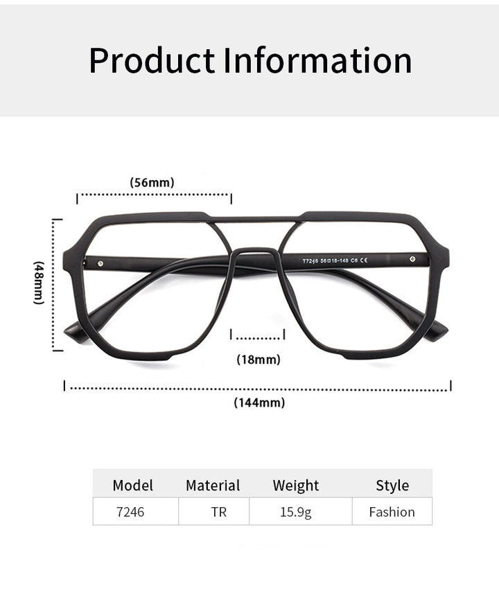 Xbora Unisex Full Rim Square Double Bridge Tr 90 Alloy Eyeglasses 7246.