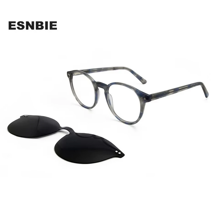 Esnbie Women's Full Rim Round Acetate Eyeglasses Clip On Sunglasses 51171