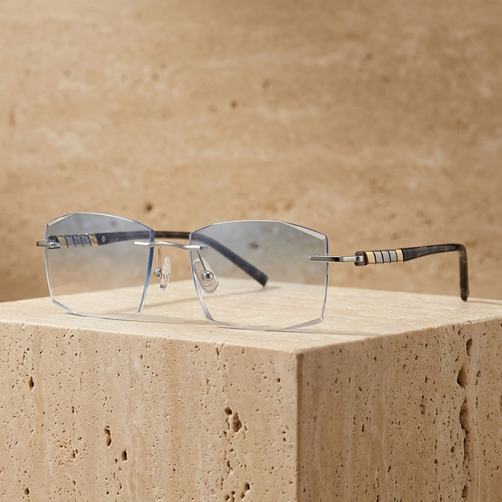 Chashma Ottica Men's Rimless Square Titanium Acetate Eyeglasses 76008 - Silver with Blue
