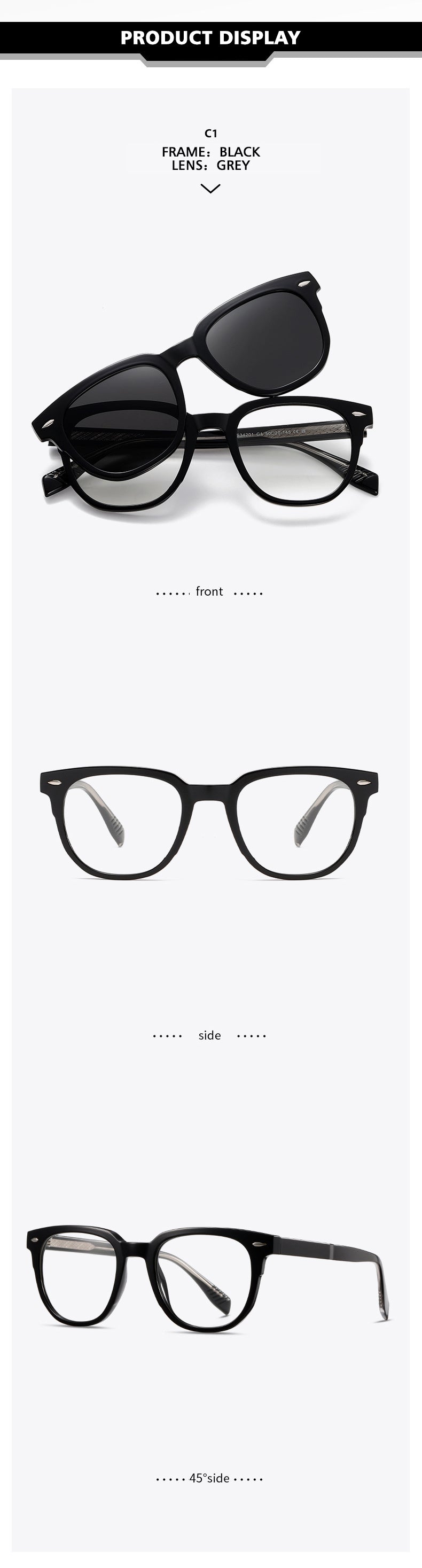 Kansept Unisex Full Rim Square Tr 90 Alloy Reading Glasses Clip On Sunglasses 34201.