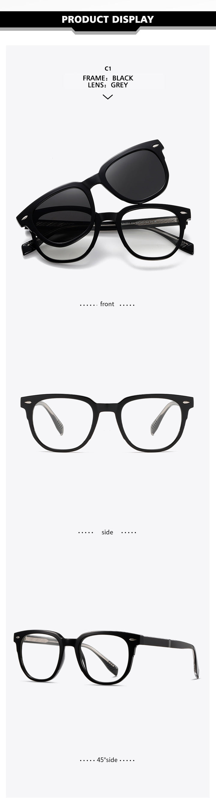 Kansept Unisex Full Rim Square Tr 90 Alloy Reading Glasses Clip On Sunglasses 34201.