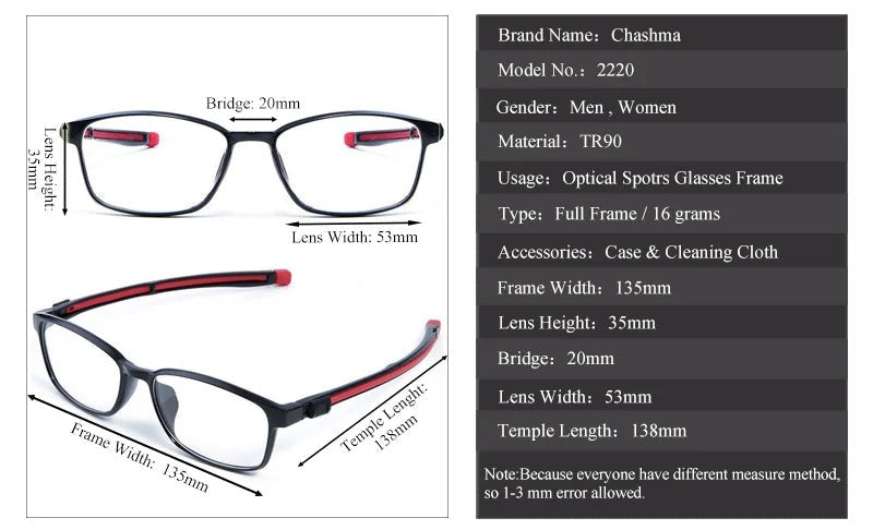 Chashma Ottica Women TR90 Titanium Eyeglasses 22204 - Size Chart