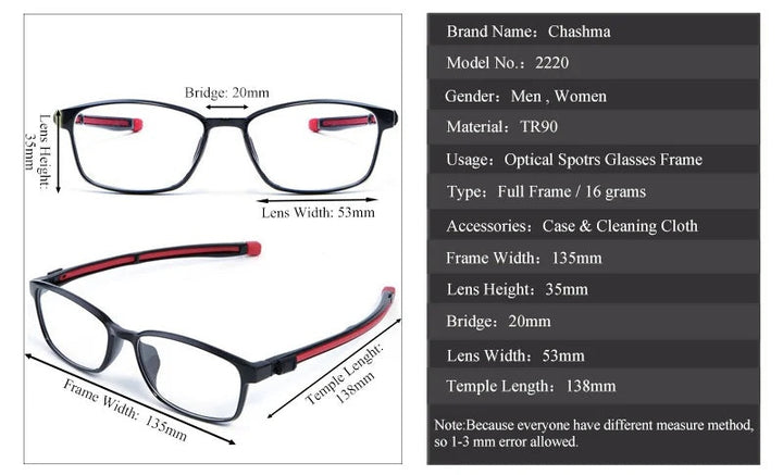 Chashma Ottica Women TR90 Titanium Eyeglasses 22204 - Size Chart