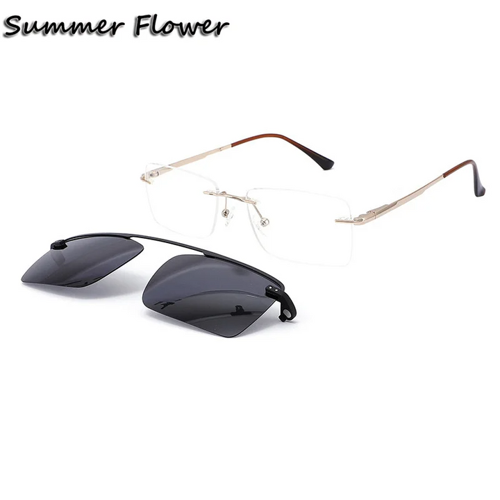 Summer Flower Men's Rimless Square Alloy Eyeglasses Clip On Sunglasses 613067