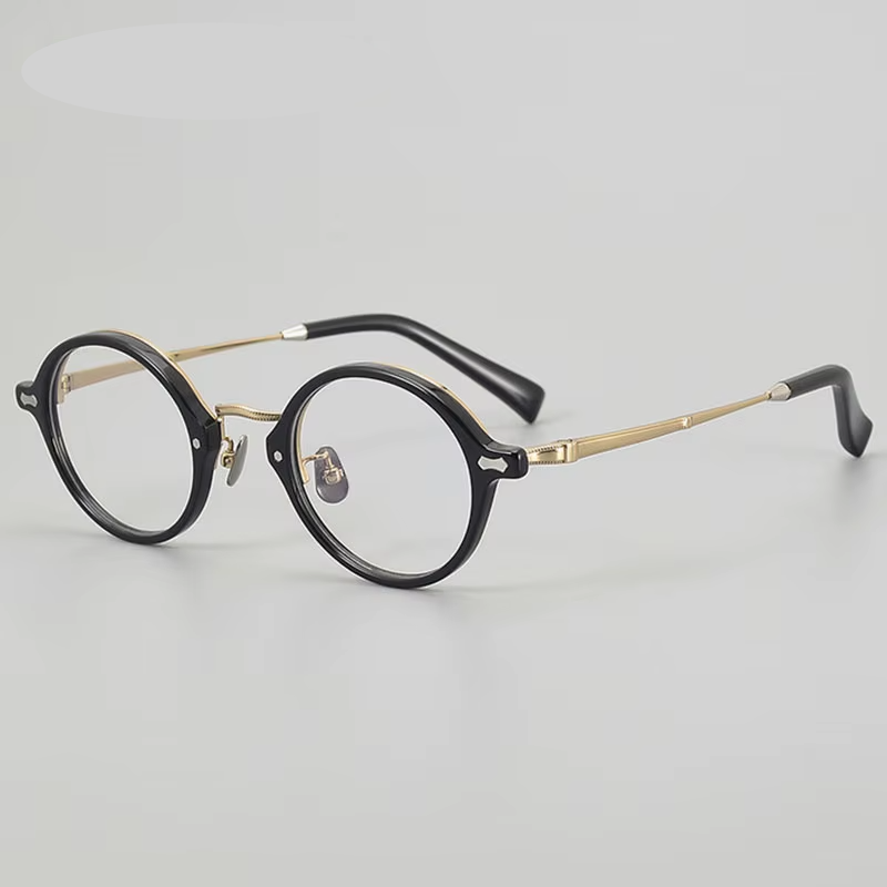 Eleccion Unisex Full Rim Round Acetate Titanium Eyeglasses 942141 Full Rim Eleccion Black - Gold