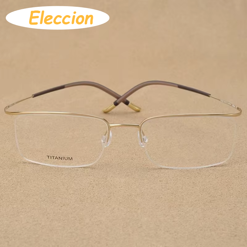 Eleccion Unisex Semi Rim Square Brow Line Titanium Eyeglasses 75296 Semi Rim Brightzone Gold