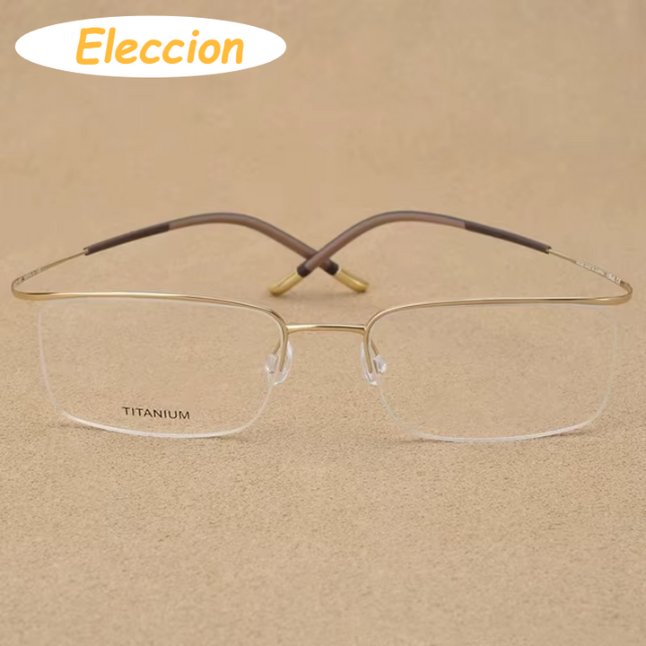 Eleccion Unisex Semi Rim Square Brow Line Titanium Eyeglasses 75296 Semi Rim Brightzone Gold