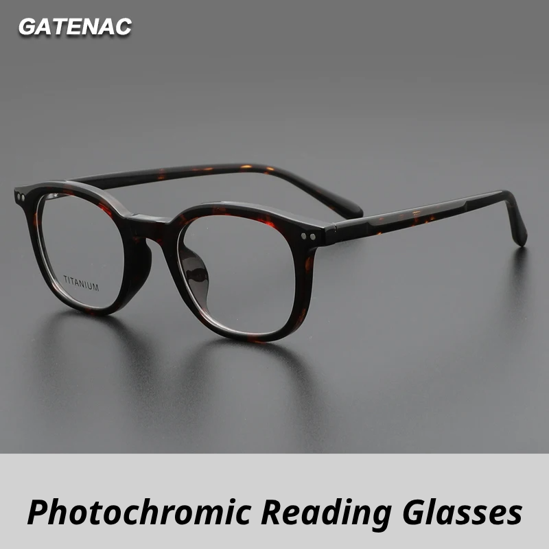 Gatenac Unisex Full Rim Square Tr 90 Titanium Photochromic Reading Glasses 98598
