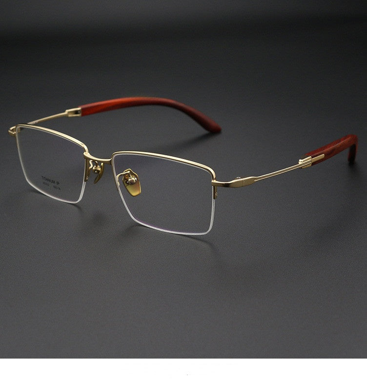 Chashma Ochki Unisex Semi Rim Square Titanium Wood Eyeglasses 312332.