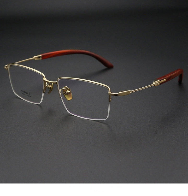 Chashma Ochki Unisex Semi Rim Square Titanium Wood Eyeglasses 312332.