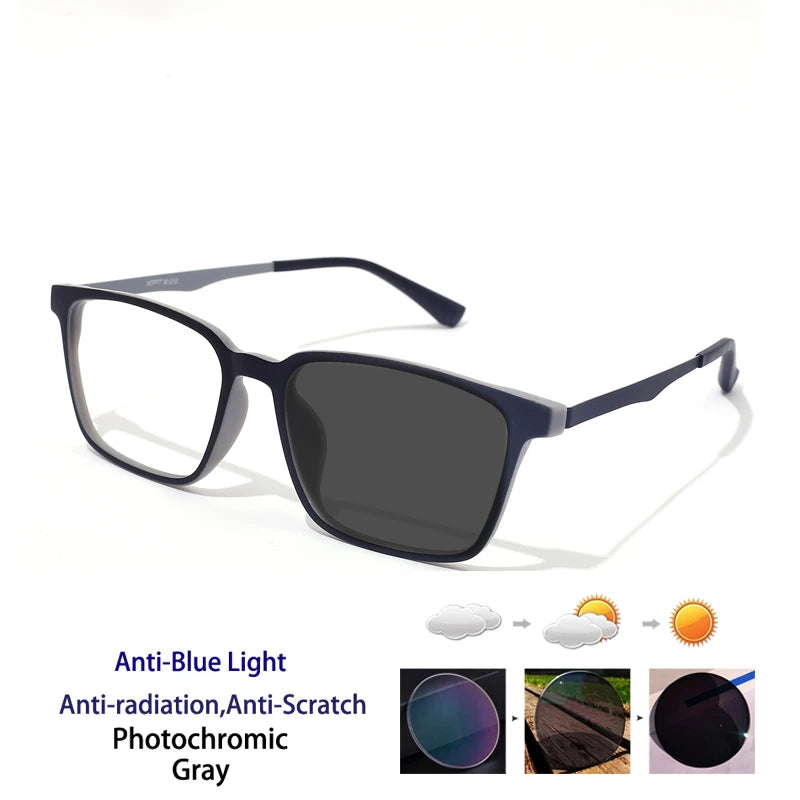 Kocolior Unisex Full Rim Square Rubber Titanium Photochromic Reading Glasses 722009.