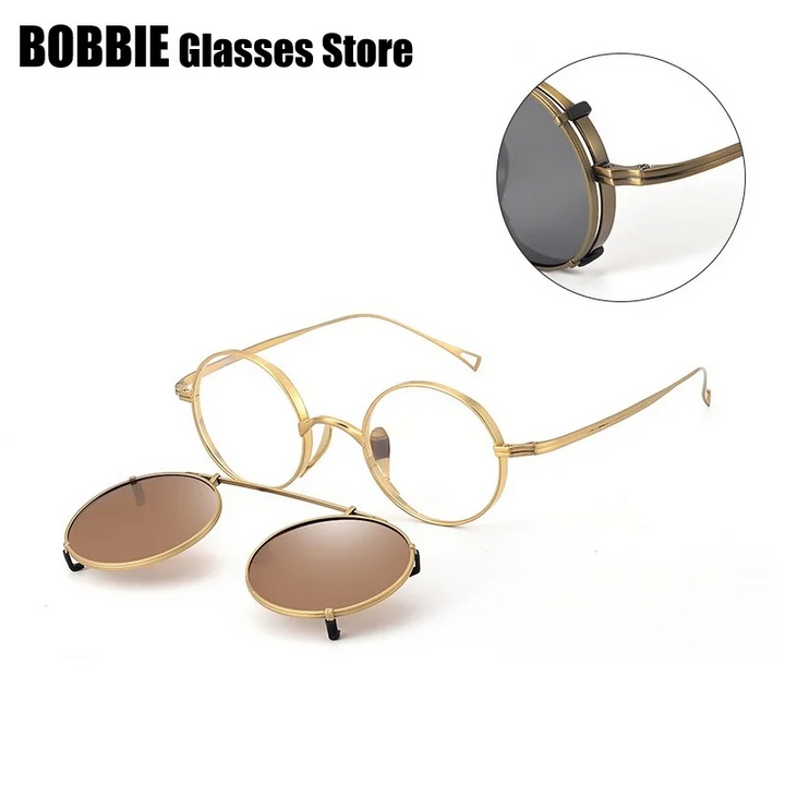 Bobbie Women's Full Rim Round Titanium Eyeglasses Clip On Sunglasses 612994