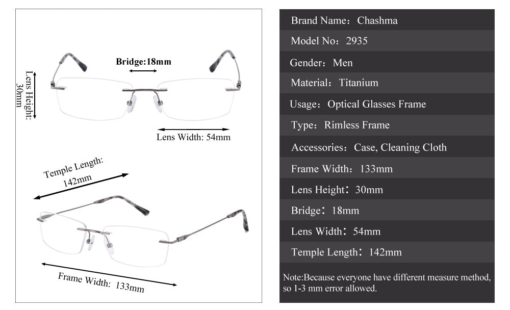 Chashma Ottica Unisex Rimless Square Titanium Eyeglasses 2935.