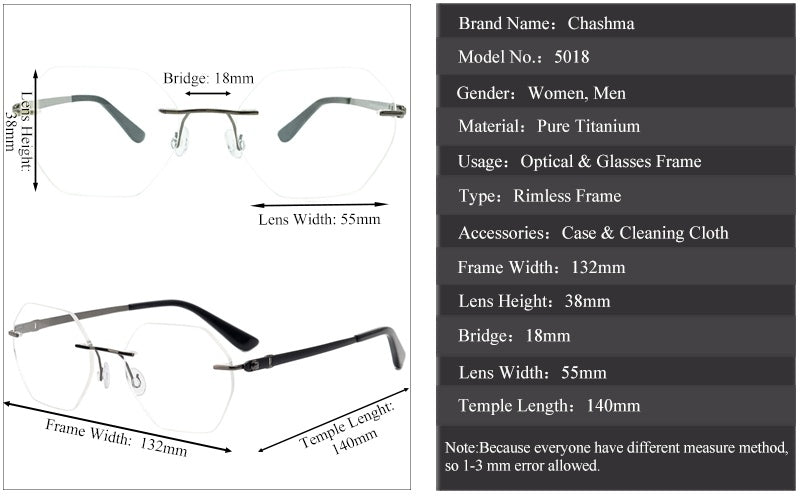 Chashma Ottica Men's Rimless  Polygon Titanium Eyeglasses 5018.