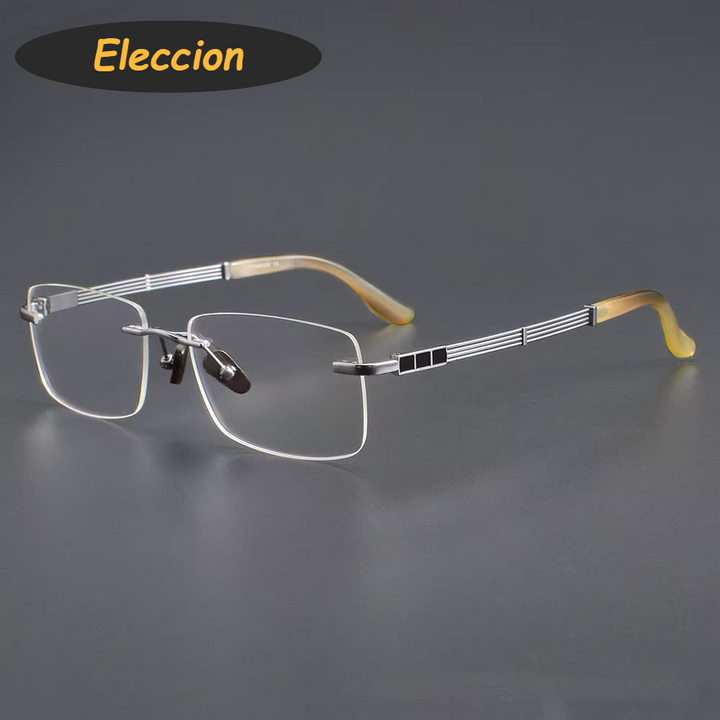 Eleccion Unisex Rimless Square Titanium Ox Horn Temple Eyeglasses 94118