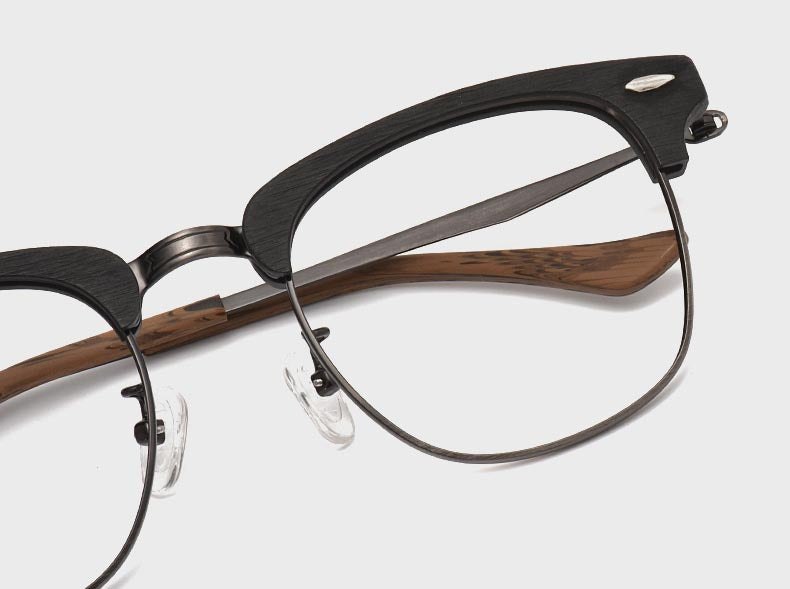 Hdcrafter Men's Full Rim Round Wood Alloy Frame Eyeglasses 8057.