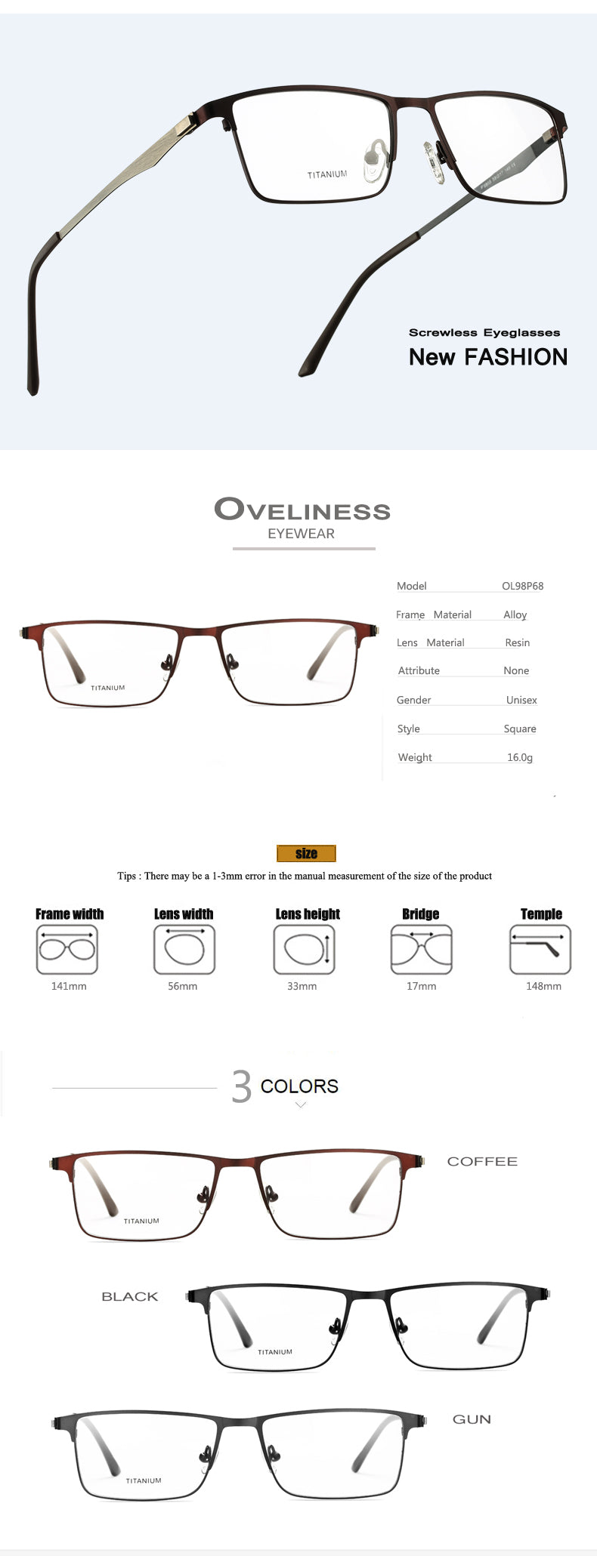 Oveliness Unisex Full Rim Square Screwless Alloy Eyeglasses 98684 — view 1 | Oveliness at FuzWeb