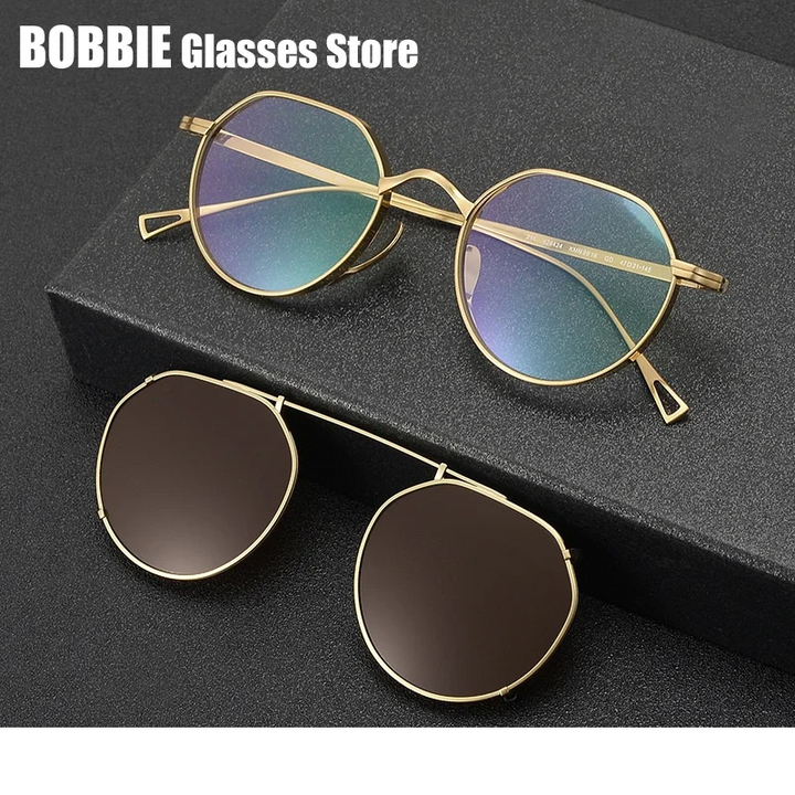 Bobbie Unisex Full Rim Flat Top Oval Titanium Eyeglasses Clip On Sunglasses 619916