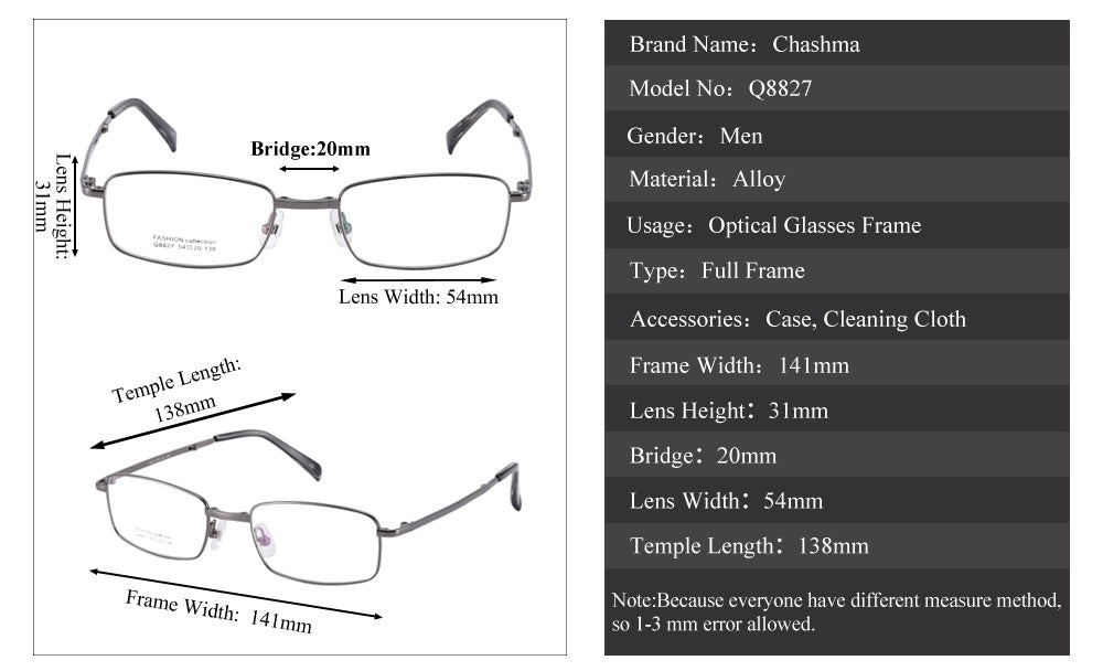 Chashma Ottica Unisex Full Rim Square Foldable Stainless Steel Alloy Eyeglasses 8827.