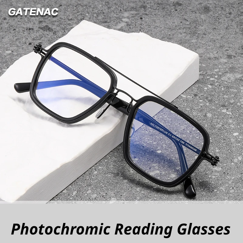 Gatenac Unisex Full Rim Big Square Double Bridge Acetate Titanium Photochromic Reading Glasses 58753