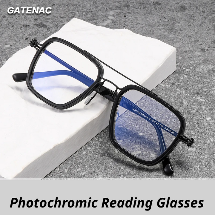 Gatenac Unisex Full Rim Big Square Double Bridge Acetate Titanium Photochromic Reading Glasses 58753