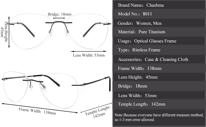 Chashma Unisex Rimless Oval Flat Top Titanium Eyeglasses 888011.
