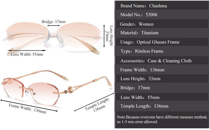 Chashma Ochki Womens Rimless Oval Square Titanium Eyeglasses 52006 — view 1 | Chashma Ochki at FuzWeb