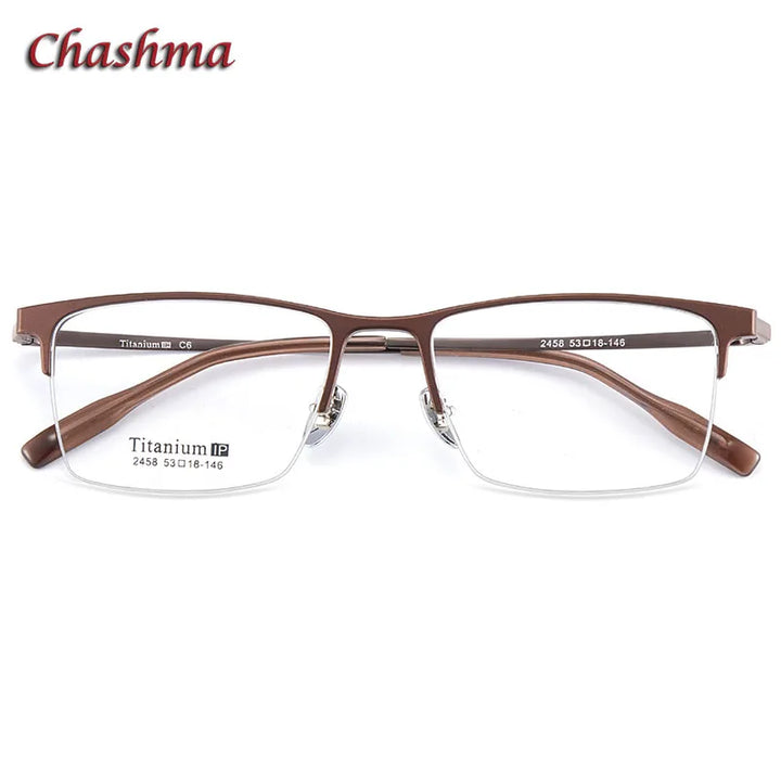 Chashma Ochki Unisex Semi Rim Square Titanium Aluminum Magnesium Eyeglasses 2458 Semi Rim Chashma Ochki Coffee-C6  