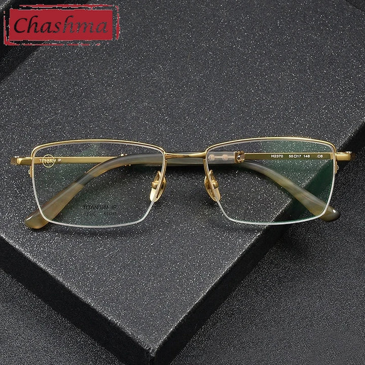 Chashma Ochki Unisex Semi Rim Square Titanium Horn Eyeglasses 932370
