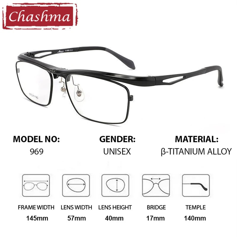 Chashma Ottica Unisex Full Rim Square Titanium Flip Up Eyeglasses 72969